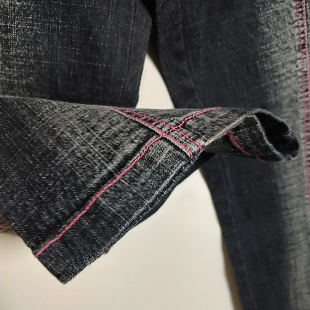 Goddess Trend Stylish Black Stone Washed Cropped Jeans With Pink Stitching - Picture 3 of 6